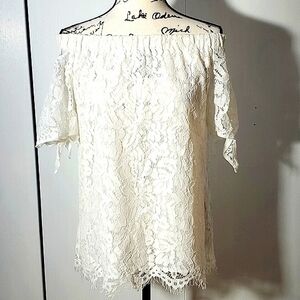 Lulus| White Lace Off Shoulder Top Tie Sleeve Cottagecore Neutral Feminine Sz.M